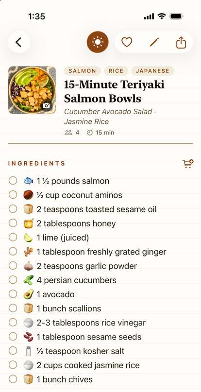 A recipe open in Kept Recipes: photo, tags, servings and time, and a tidy ingredient checklist with cook mode on.