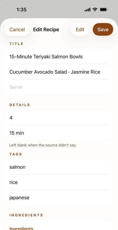 The Kept Recipes editor with a recipe's title, details and ingredients open for changes.