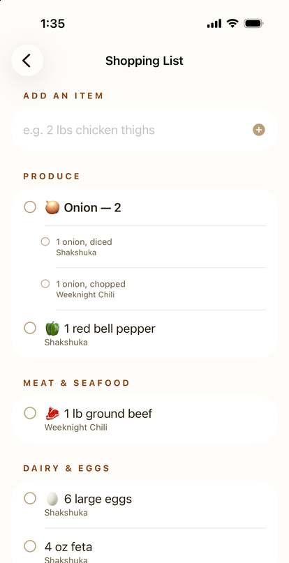 The Kept Recipes shopping list grouped by grocery aisle, combining ingredients from two recipes.